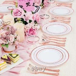 Service de vaisselle jetable incassable 100 pièces avec assiettes à bord doré et couverts pour fête, neuf