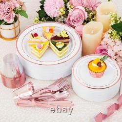 Service de vaisselle jetable incassable 100 pièces avec assiettes à bord doré et couverts pour fête, neuf