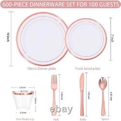 Service de vaisselle jetable incassable 100 pièces avec assiettes à bord doré et couverts pour fête, neuf