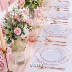 Service de vaisselle jetable incassable 100 pièces avec assiettes à bord doré et couverts pour fête, neuf