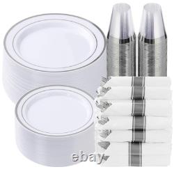Set de vaisselle en plastique argenté de 350 pièces pour 50 invités, assiettes jetables raffinées