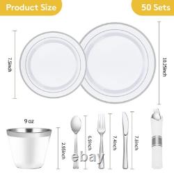 Set de vaisselle en plastique argenté de 350 pièces pour 50 invités, assiettes jetables raffinées