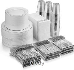 Set de vaisselle en plastique argenté de 700 pièces : 200 assiettes à bord, 300 couverts, 100 tasses