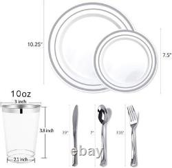 Set de vaisselle en plastique argenté de 700 pièces : 200 assiettes à bord, 300 couverts, 100 tasses