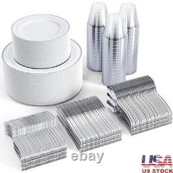 Set de vaisselle jetable bordée d'argent 600 Ct pour 100 invités - Mariages et fêtes - Blanc