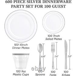 Set de vaisselle jetable bordée d'argent 600 Ct pour 100 invités - Mariages et fêtes - Blanc