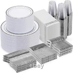 Set de vaisselle jetable en plastique de 700 pièces pour 100 invités en argent