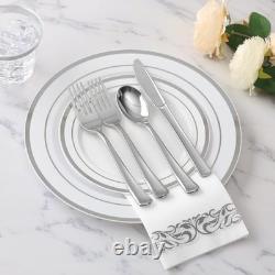 Set de vaisselle jetable en plastique de 700 pièces pour 100 invités en argent Set de vaisselle jetable en plastique de 700 pièces pour 100 invités en argent