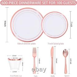 Set de vaisselle jetable pour 100 invités, assiettes en plastique élégantes avec bord doré et couverts.