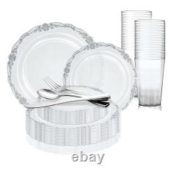 Transparent avec bord argenté vintage, ensemble économique de vaisselle jetable ronde en plastique, 120 pièces