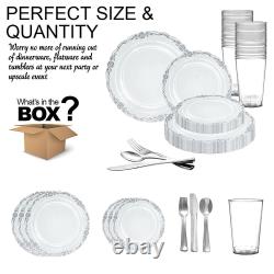 Transparent avec bord argenté vintage, ensemble économique de vaisselle jetable ronde en plastique, 120 pièces