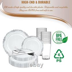 Transparent avec bord argenté vintage, ensemble économique de vaisselle jetable ronde en plastique, 120 pièces