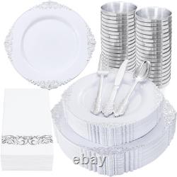 Vaisselle en plastique argenté, assiettes jetables blanches et argent pour 50 invités