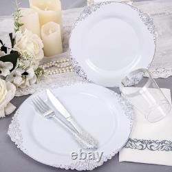 Vaisselle en plastique argenté, assiettes jetables blanches et argent pour 50 invités