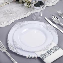 Vaisselle en plastique argenté, assiettes jetables blanches et argent pour 50 invités