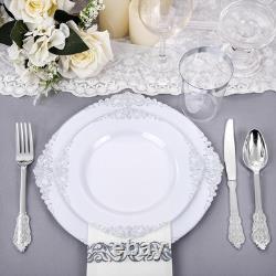 Vaisselle en plastique argenté, assiettes jetables blanches et argent pour 50 invités