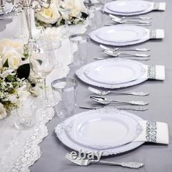 Vaisselle en plastique argenté, assiettes jetables blanches et argent pour 50 invités