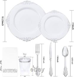 Vaisselle en plastique argenté, assiettes jetables blanches et argent pour 50 invités