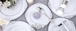 Vaisselle en plastique argenté, assiettes jetables blanches et argent pour 50 invités