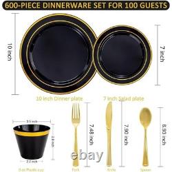 Vaisselle jetable dorée à bordure dorée, incassable et sans danger pour les aliments, lot pour 100 invités, neuf