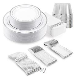 VajilaPhil Ensemble de vaisselle en plastique à bord argenté de 350 pièces pour 50 invités, élégant