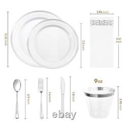 VajilaPhil Ensemble de vaisselle en plastique à bord argenté de 350 pièces pour 50 invités, élégant