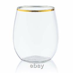 Verres à vin sans pied jetables avec bordure dorée 12 oz - Ensemble pour les fêtes