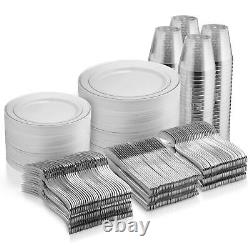 x Assiettes en plastique de 10 pouces avec bordure argentée - Ensemble de vaisselle en argent de 600 pièces